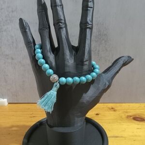 Blue Beaded Elastic Bracelet with Tassel